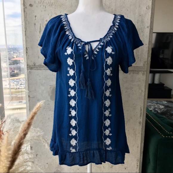 Blu Pepper Blue Embroidered Peasant Top S - Picture 2 of 7